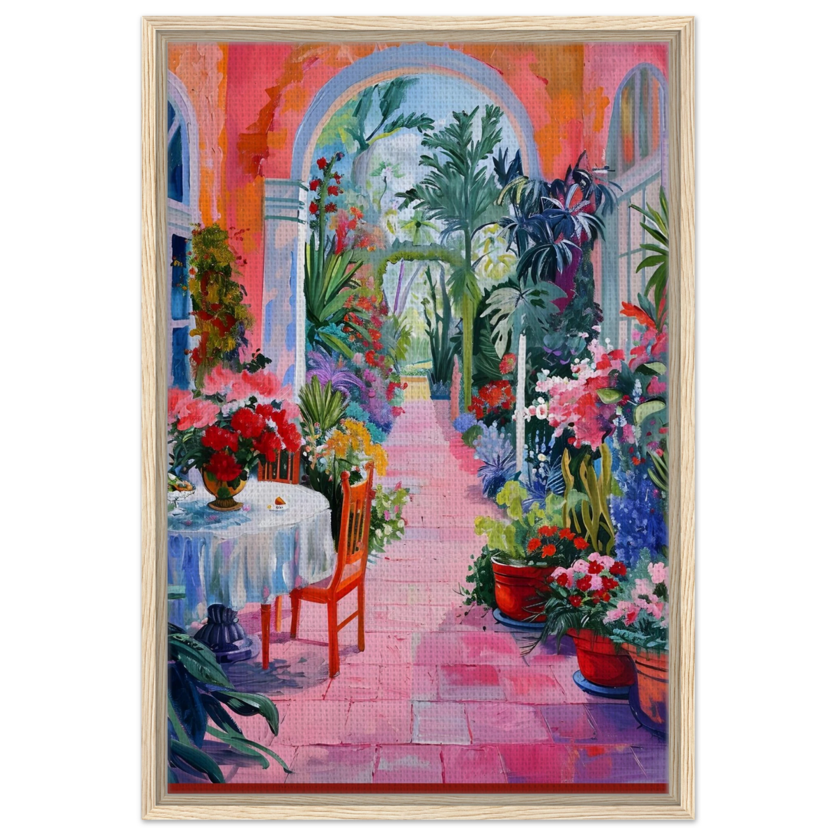 "Garden of Morning Light" – Blooming Terrace Escape | Wall Art Print - Framed Canvas - 50x75 cm / 20x30″ - Wood frame