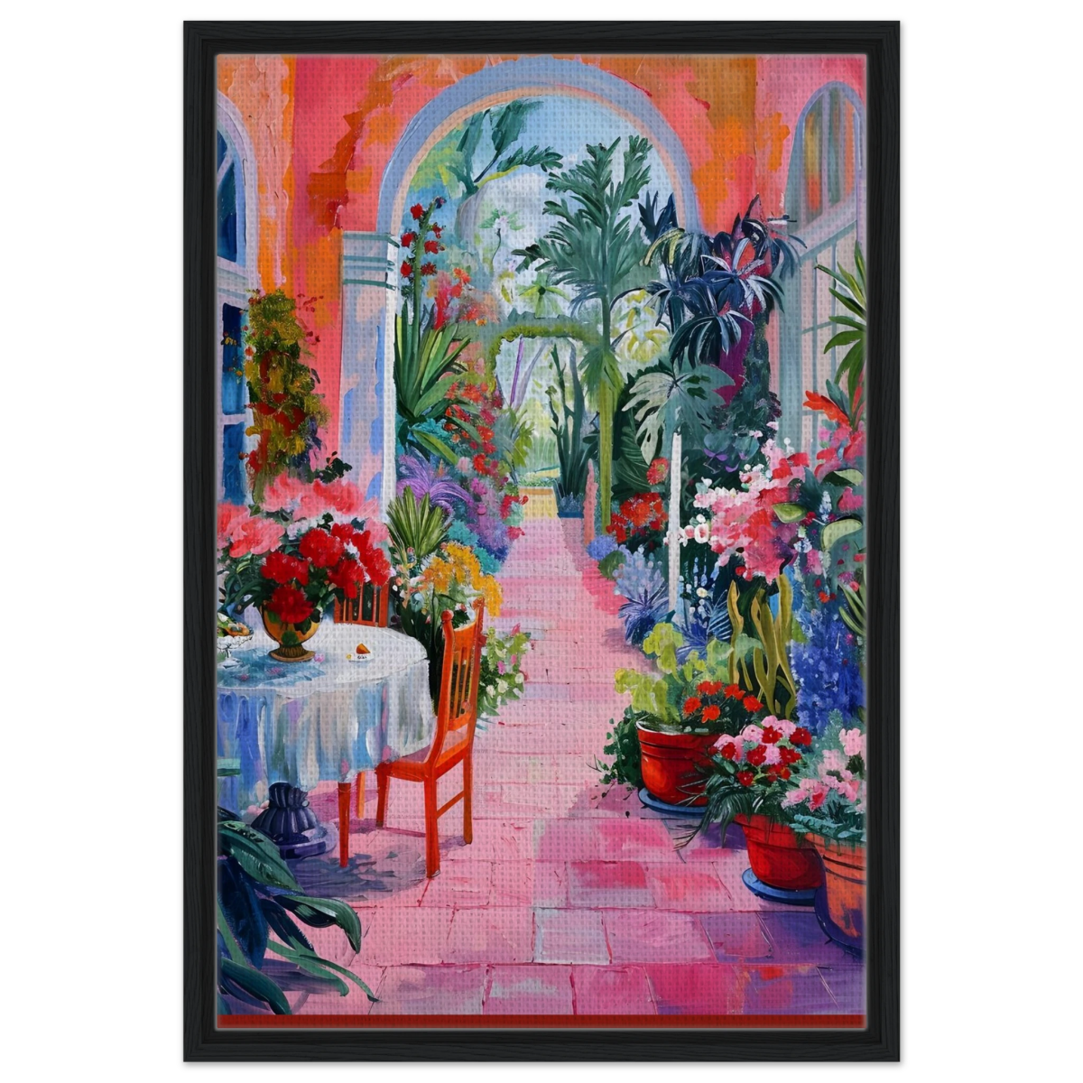 "Garden of Morning Light" – Blooming Terrace Escape | Wall Art Print - Framed Canvas - 50x75 cm / 20x30″ - Black frame
