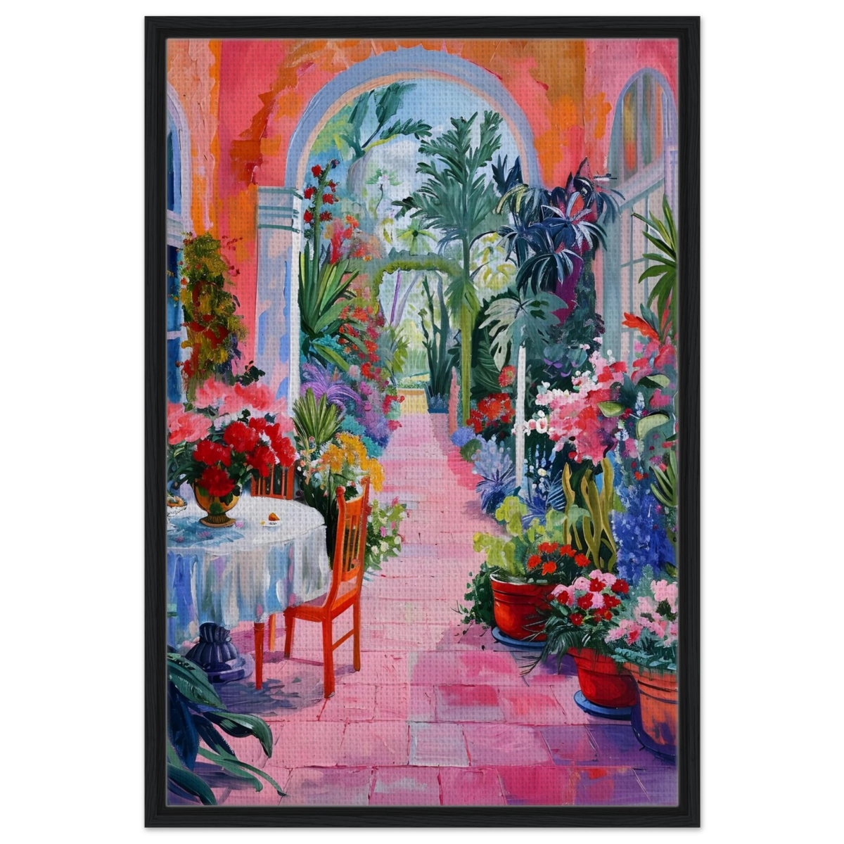 "Garden of Morning Light" – Blooming Terrace Escape | Wall Art Print - Framed Canvas - 60x90 cm / 24x36″ - Black frame