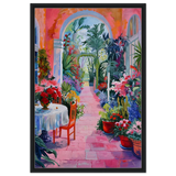 "Garden of Morning Light" – Blooming Terrace Escape | Wall Art Print - Framed Canvas - 60x90 cm / 24x36″ - Black frame
