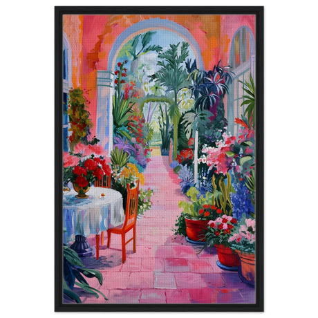 "Garden of Morning Light" – Blooming Terrace Escape | Wall Art Print - Framed Canvas - 60x90 cm / 24x36″ - Black frame