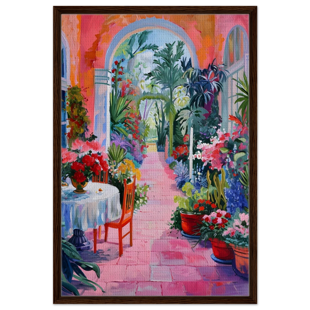 "Garden of Morning Light" – Blooming Terrace Escape | Wall Art Print - Framed Canvas - 60x90 cm / 24x36″ - Dark wood frame
