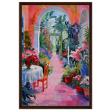 "Garden of Morning Light" – Blooming Terrace Escape | Wall Art Print - Framed Canvas - 60x90 cm / 24x36″ - Dark wood frame