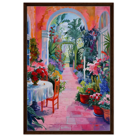 "Garden of Morning Light" – Blooming Terrace Escape | Wall Art Print - Framed Canvas - 60x90 cm / 24x36″ - Dark wood frame