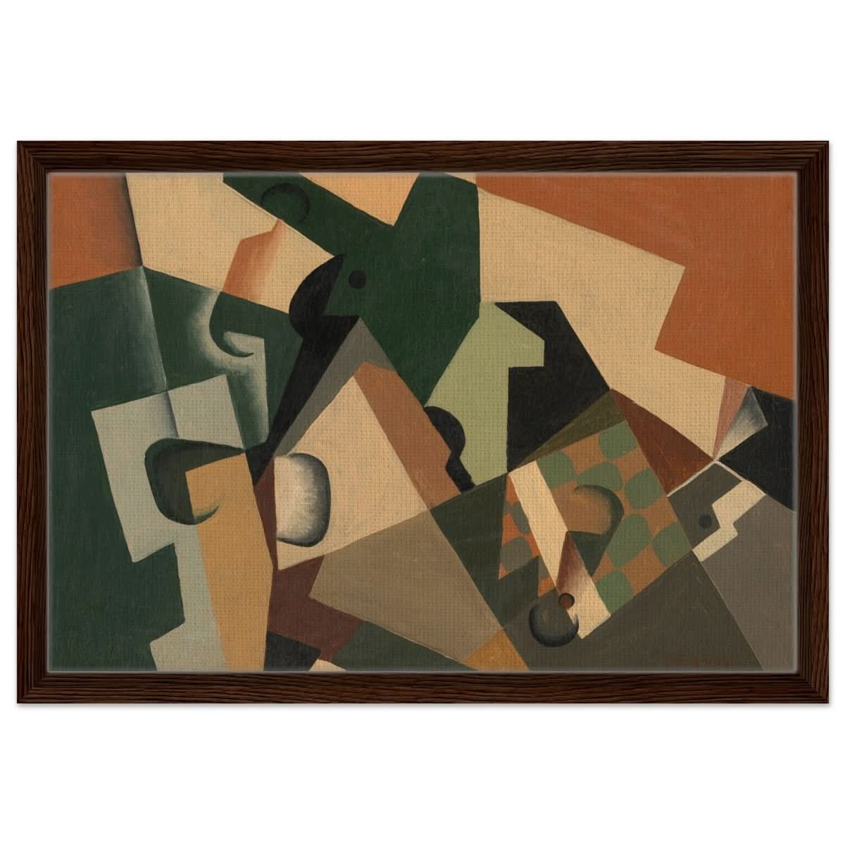 Glass and Checkerboard (ca. 1917) by Juan Gris | Vintage Cubism wall art print - Framed Canvas - 40x60 cm / 16x24″ - Dark wood frame