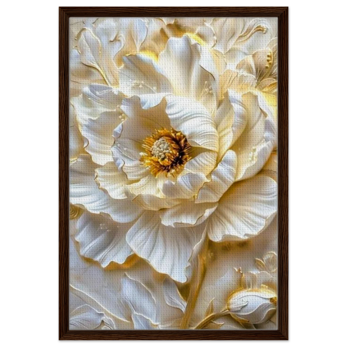 Golden Blossom – A Luxurious Floral Masterpiece | Floral Wall art Print - Framed Canvas - 50x75 cm / 20x30″ - Dark wood frame