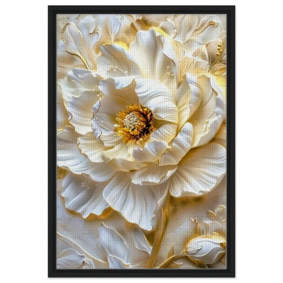 Golden Blossom – A Luxurious Floral Masterpiece | Floral Wall art Print - Framed Canvas - 50x75 cm / 20x30″ - Black frame