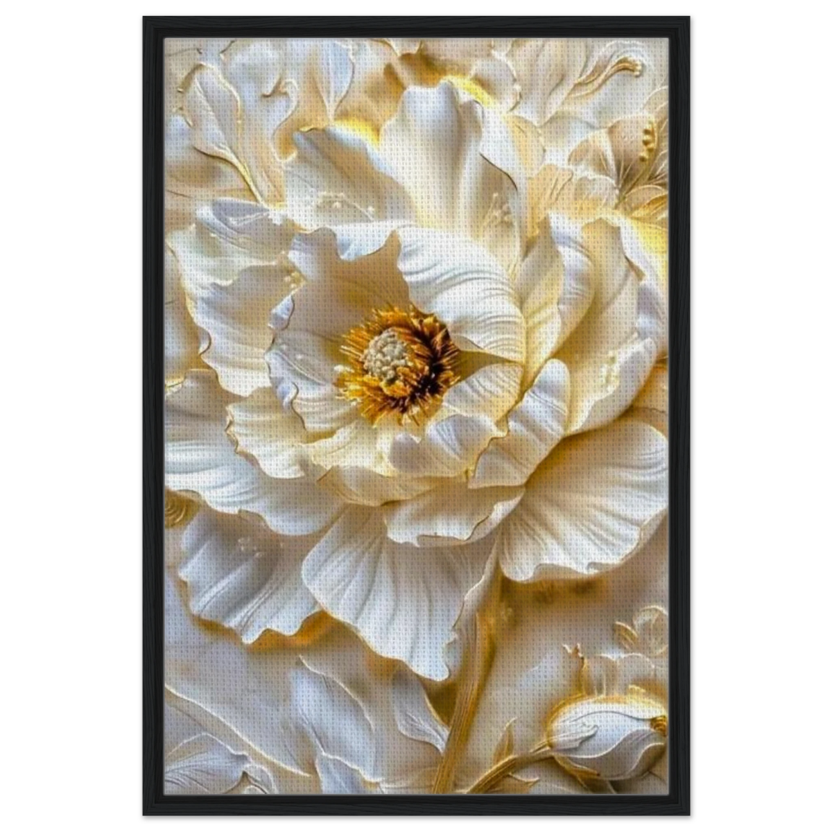 Golden Blossom – A Luxurious Floral Masterpiece | Floral Wall art Print - Framed Canvas - 60x90 cm / 24x36″ - Black frame