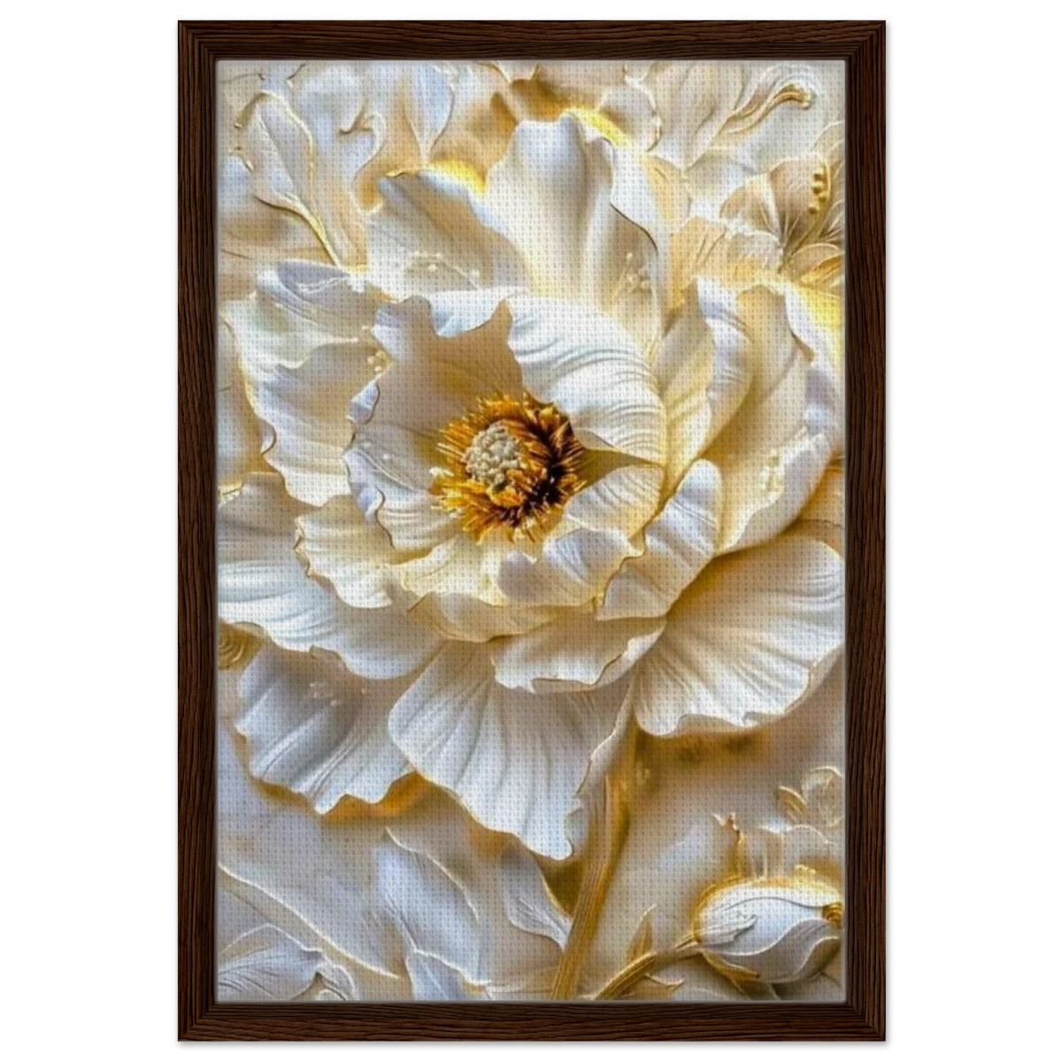 Golden Blossom – A Luxurious Floral Masterpiece | Floral Wall art Print - Framed Canvas - 40x60 cm / 16x24″ - Dark wood frame