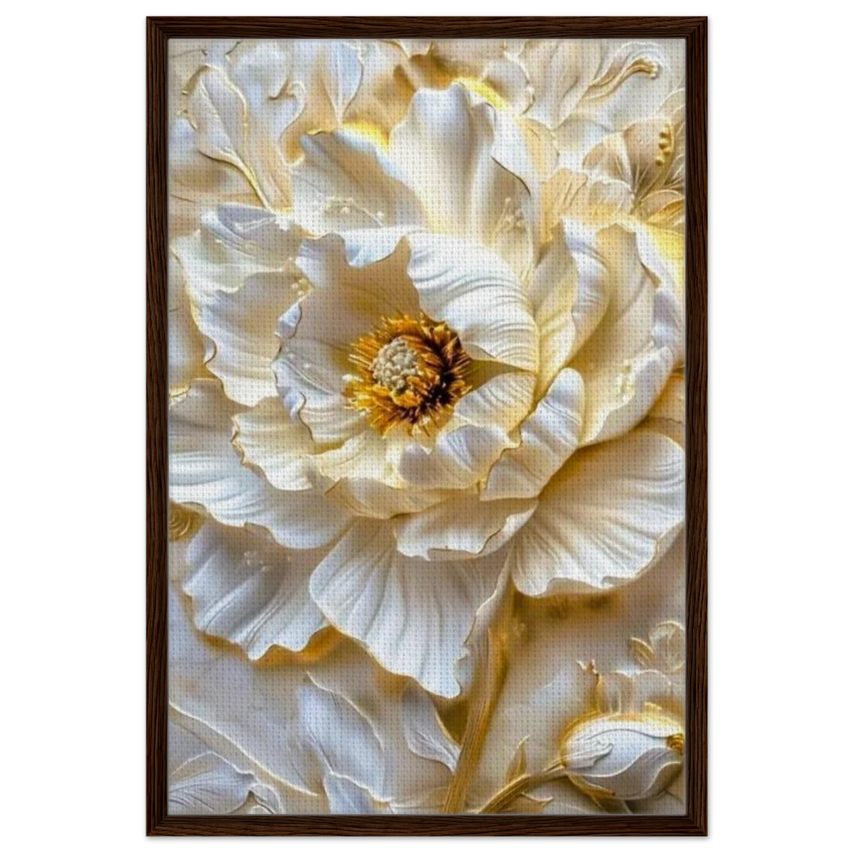 Golden Blossom – A Luxurious Floral Masterpiece | Floral Wall art Print - Framed Canvas - 60x90 cm / 24x36″ - Dark wood frame