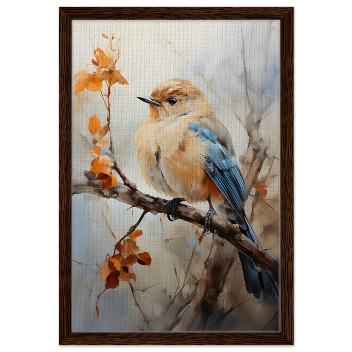 Golden Bluebird on Autumn Branch – Nature Wall Art Print - Framed Canvas - 40x60 cm / 16x24″ - Dark wood frame