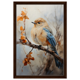 Golden Bluebird on Autumn Branch – Nature Wall Art Print - Framed Canvas - 40x60 cm / 16x24″ - Dark wood frame