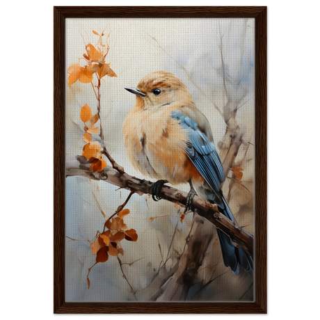 Golden Bluebird on Autumn Branch – Nature Wall Art Print - Framed Canvas - 40x60 cm / 16x24″ - Dark wood frame