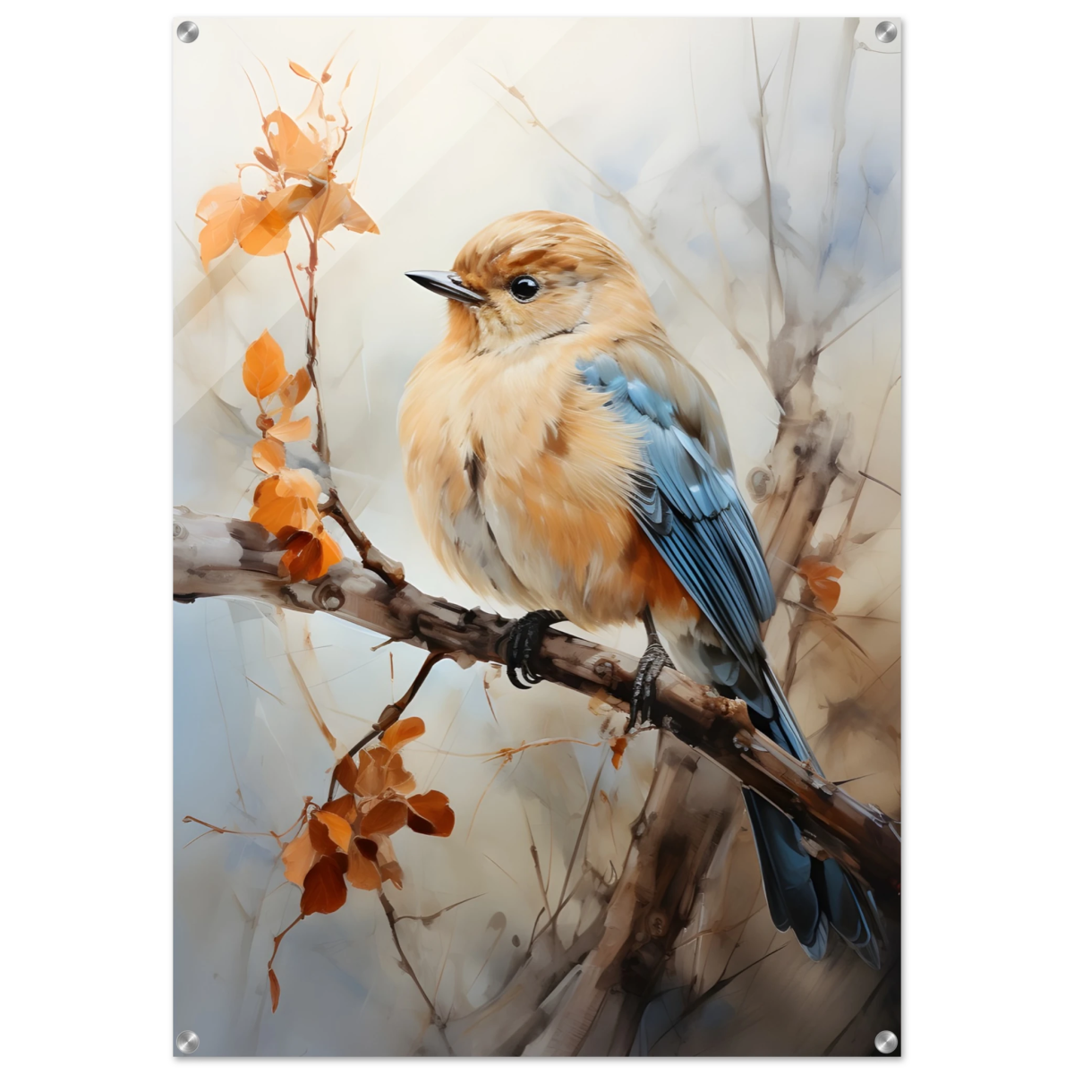 Golden Bluebird on Autumn Branch – Nature Wall Art Print - Acrylic Print - 70x100 cm / 28x40″ - 