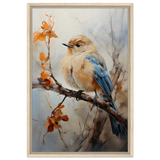 Golden Bluebird on Autumn Branch – Nature Wall Art Print - Framed Canvas - 50x75 cm / 20x30″ - Wood frame