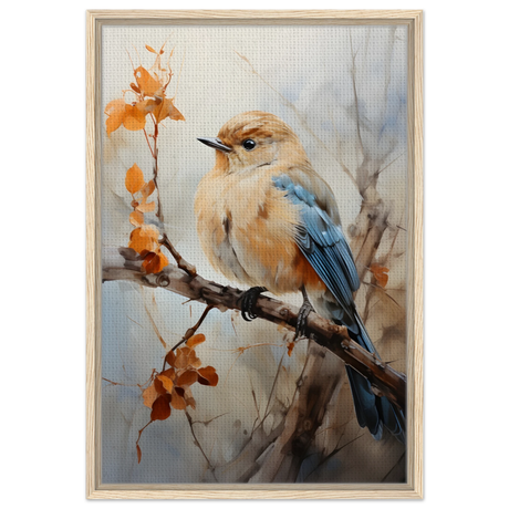 Golden Bluebird on Autumn Branch – Nature Wall Art Print - Framed Canvas - 50x75 cm / 20x30″ - Wood frame
