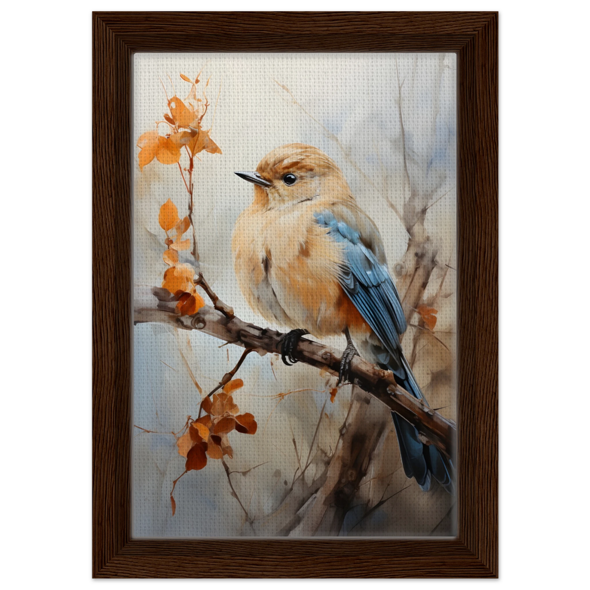 Golden Bluebird on Autumn Branch – Nature Wall Art Print - Framed Canvas - 20x30 cm / 8x12″ - Dark wood frame