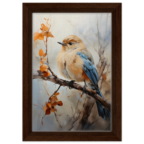 Golden Bluebird on Autumn Branch – Nature Wall Art Print - Framed Canvas - 20x30 cm / 8x12″ - Dark wood frame
