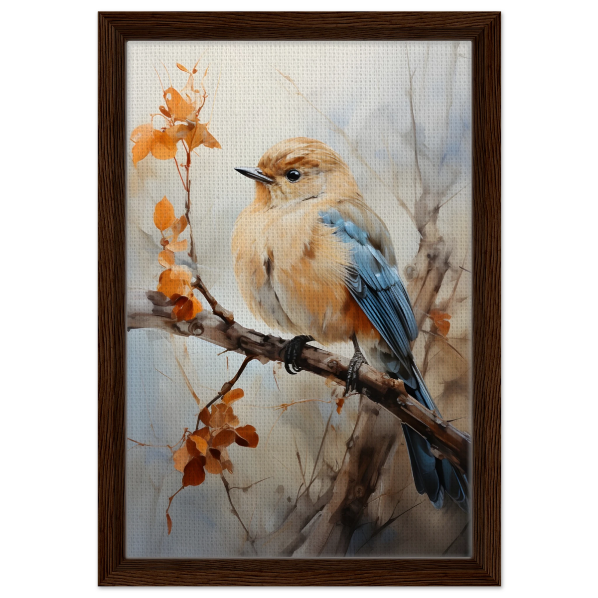 Golden Bluebird on Autumn Branch – Nature Wall Art Print - Framed Canvas - 30x45 cm / 12x18″ - Dark wood frame