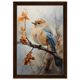 Golden Bluebird on Autumn Branch – Nature Wall Art Print - Framed Canvas - 30x45 cm / 12x18″ - Dark wood frame