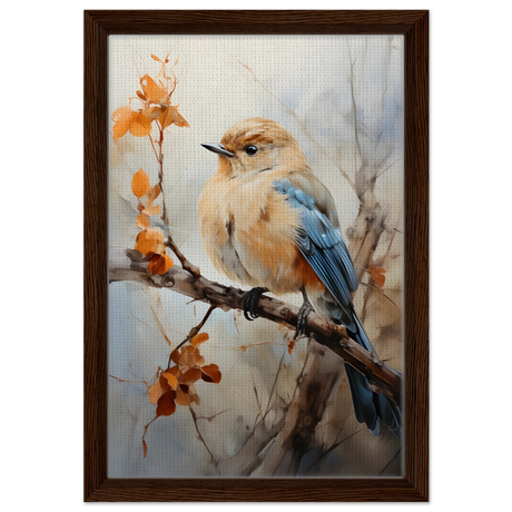 Golden Bluebird on Autumn Branch – Nature Wall Art Print - Framed Canvas - 30x45 cm / 12x18″ - Dark wood frame