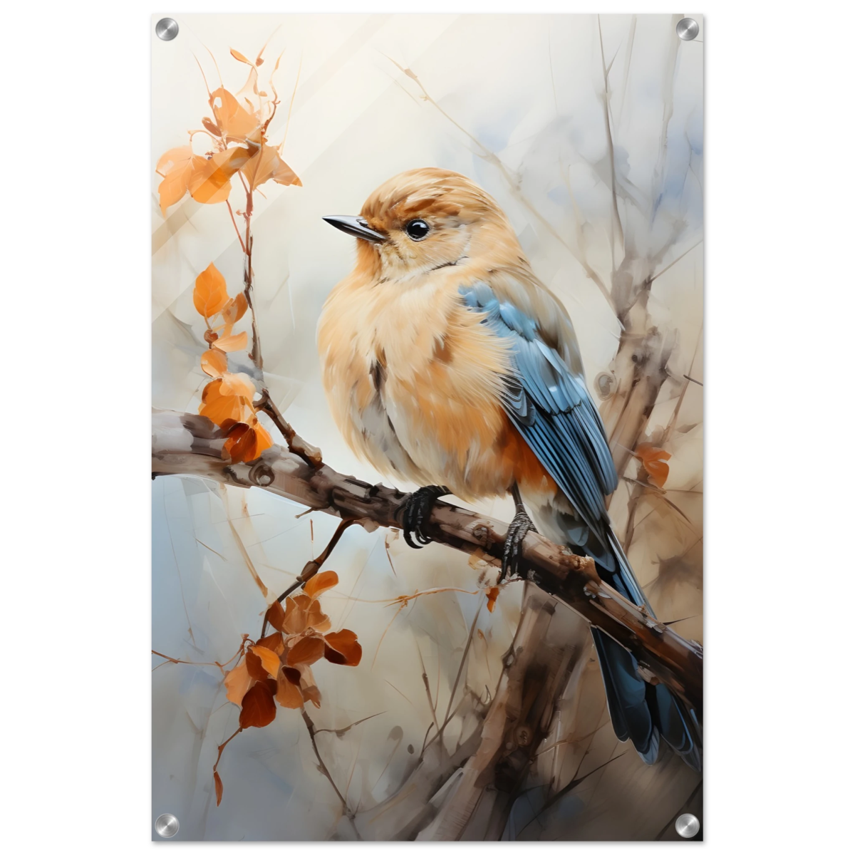 Golden Bluebird on Autumn Branch – Nature Wall Art Print - Acrylic Print - 50x75 cm / 20x30″ - 