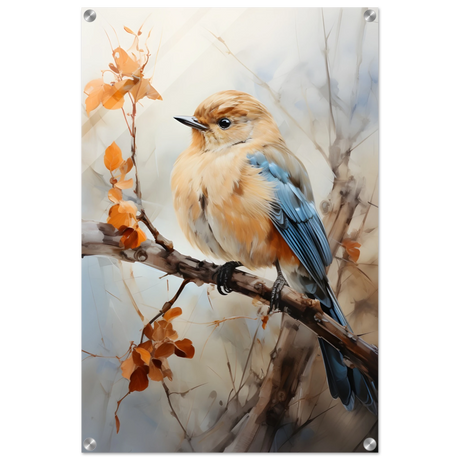 Golden Bluebird on Autumn Branch – Nature Wall Art Print - Acrylic Print - 50x75 cm / 20x30″ - 