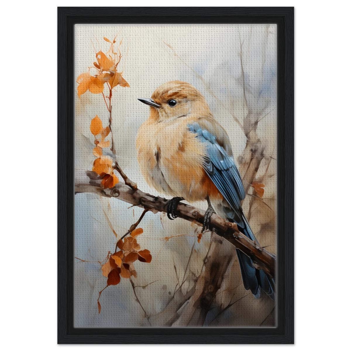 Golden Bluebird on Autumn Branch – Nature Wall Art Print - Framed Canvas - 30x45 cm / 12x18″ - Black frame