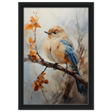 Golden Bluebird on Autumn Branch – Nature Wall Art Print - Framed Canvas - 30x45 cm / 12x18″ - Black frame