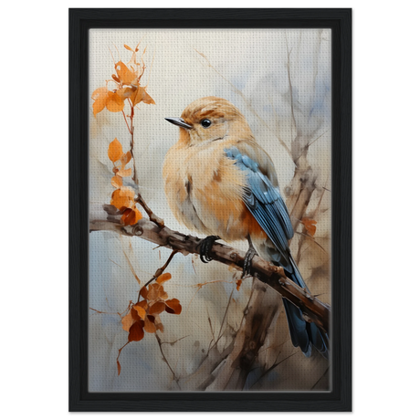 Golden Bluebird on Autumn Branch – Nature Wall Art Print - Framed Canvas - 30x45 cm / 12x18″ - Black frame