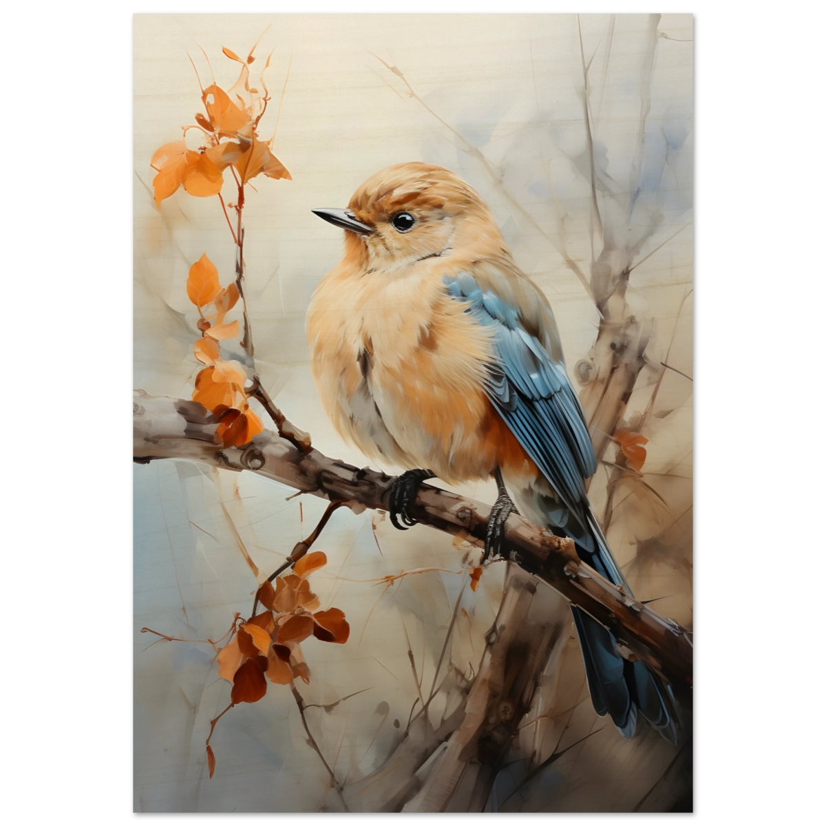 Golden Bluebird on Autumn Branch – Nature Wall Art Print - Wood Prints - 70x100 cm / 28x40″ - 