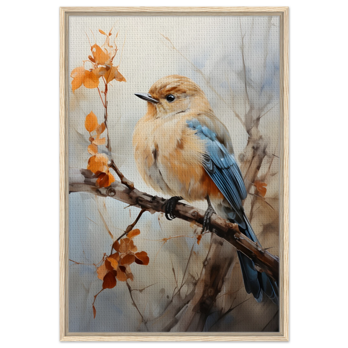 Golden Bluebird on Autumn Branch – Nature Wall Art Print - Framed Canvas - 60x90 cm / 24x36″ - Wood frame