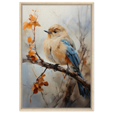 Golden Bluebird on Autumn Branch – Nature Wall Art Print - Framed Canvas - 60x90 cm / 24x36″ - Wood frame