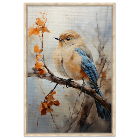 Golden Bluebird on Autumn Branch – Nature Wall Art Print - Framed Canvas - 60x90 cm / 24x36″ - Wood frame