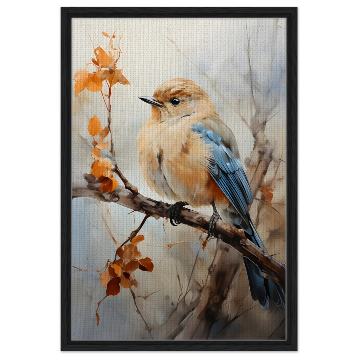 Golden Bluebird on Autumn Branch – Nature Wall Art Print - Framed Canvas - 50x75 cm / 20x30″ - Black frame