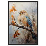 Golden Bluebird on Autumn Branch – Nature Wall Art Print - Framed Canvas - 50x75 cm / 20x30″ - Black frame