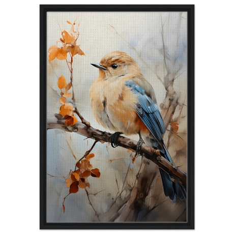 Golden Bluebird on Autumn Branch – Nature Wall Art Print - Framed Canvas - 50x75 cm / 20x30″ - Black frame