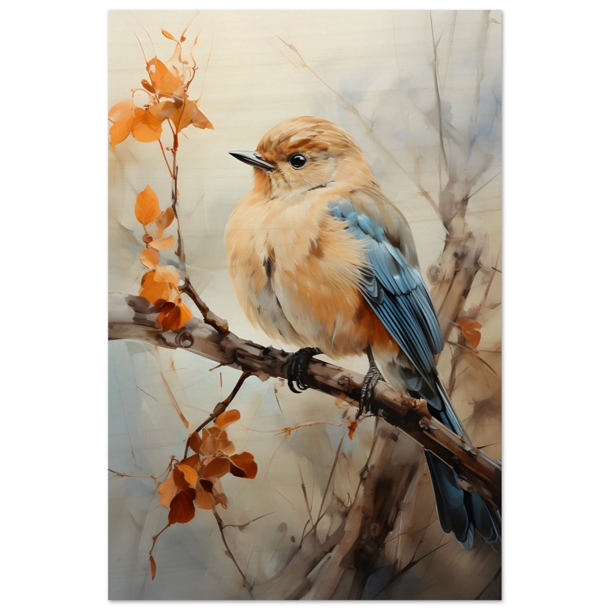 Golden Bluebird on Autumn Branch – Nature Wall Art Print - Wood Prints - 20x30 cm / 8x12″ - 