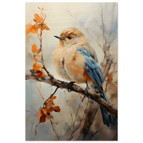 Golden Bluebird on Autumn Branch – Nature Wall Art Print - Wood Prints - 20x30 cm / 8x12″ - 