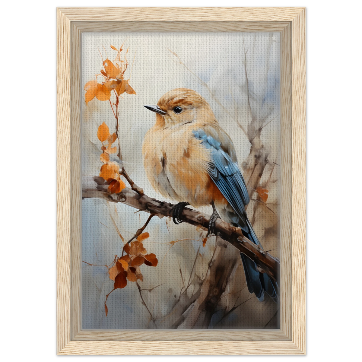 Golden Bluebird on Autumn Branch – Nature Wall Art Print - Framed Canvas - 20x30 cm / 8x12″ - Wood frame