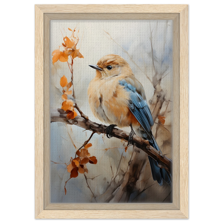 Golden Bluebird on Autumn Branch – Nature Wall Art Print - Framed Canvas - 20x30 cm / 8x12″ - Wood frame