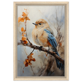Golden Bluebird on Autumn Branch – Nature Wall Art Print - Framed Canvas - 30x45 cm / 12x18″ - Wood frame
