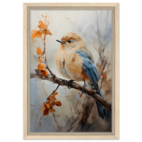 Golden Bluebird on Autumn Branch – Nature Wall Art Print - Framed Canvas - 30x45 cm / 12x18″ - Wood frame