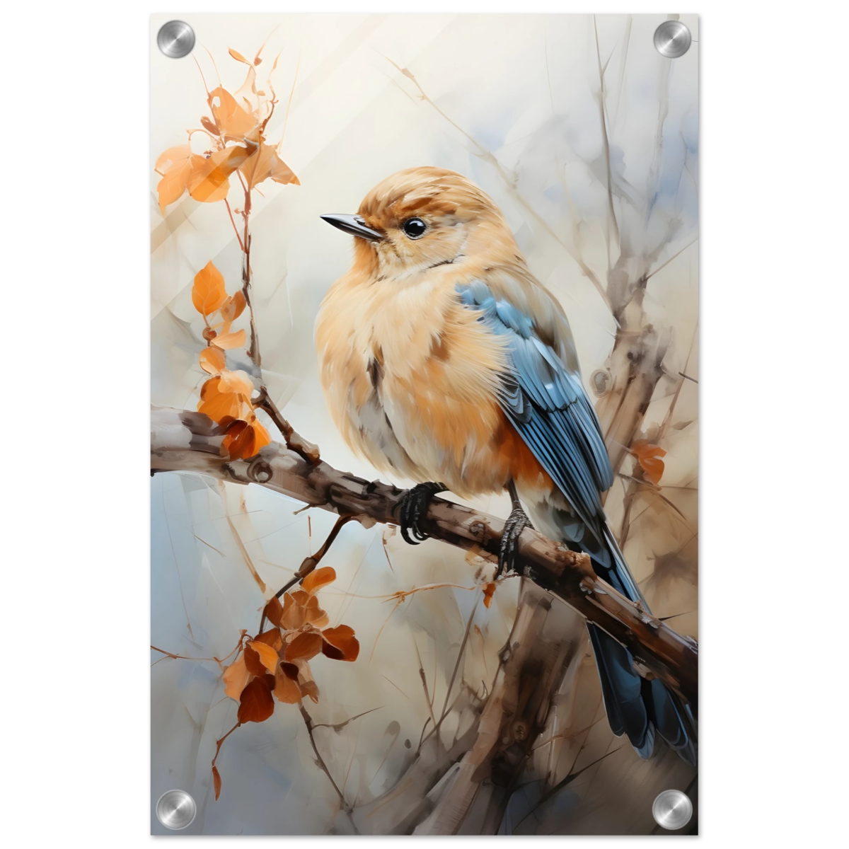 Golden Bluebird on Autumn Branch – Nature Wall Art Print - Acrylic Print - 30x45 cm / 12x18″ - 