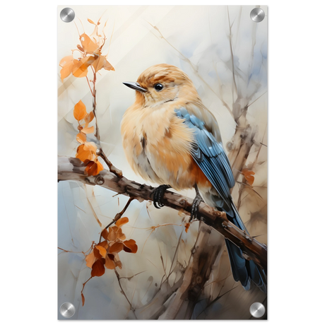 Golden Bluebird on Autumn Branch – Nature Wall Art Print - Acrylic Print - 30x45 cm / 12x18″ - 