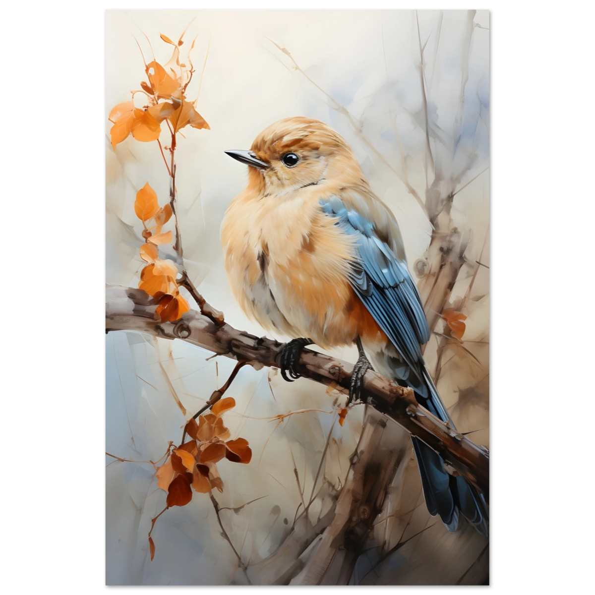 Golden Bluebird on Autumn Branch – Nature Wall Art Print - Fine Art Poster - 60x90 cm / 24x36″ - 
