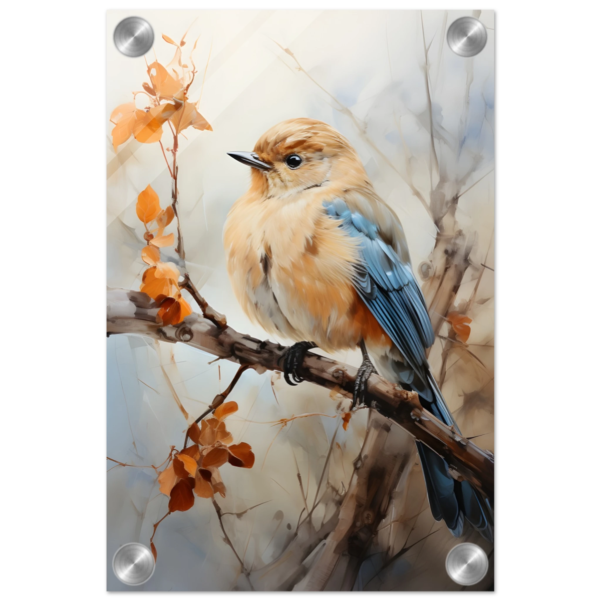 Golden Bluebird on Autumn Branch – Nature Wall Art Print - Acrylic Print - 20x30 cm / 8x12″ - 