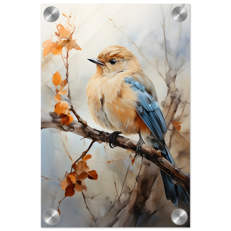 Golden Bluebird on Autumn Branch – Nature Wall Art Print - Acrylic Print - 20x30 cm / 8x12″ - 