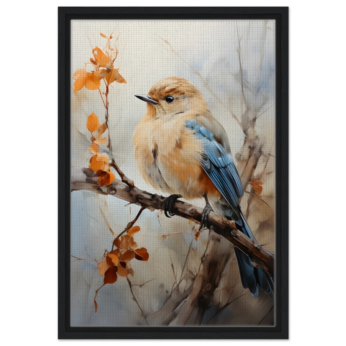 Golden Bluebird on Autumn Branch – Nature Wall Art Print - Framed Canvas - 40x60 cm / 16x24″ - Black frame