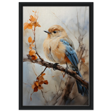 Golden Bluebird on Autumn Branch – Nature Wall Art Print - Framed Canvas - 40x60 cm / 16x24″ - Black frame